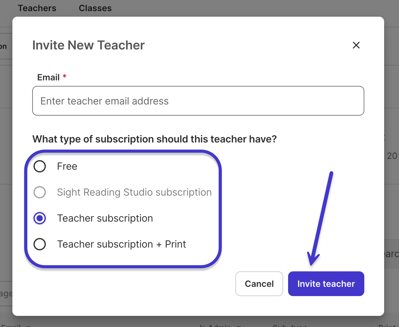Invite New Teacher Dialog Box