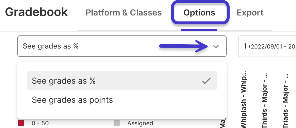 Gradebook Options dropdown menu