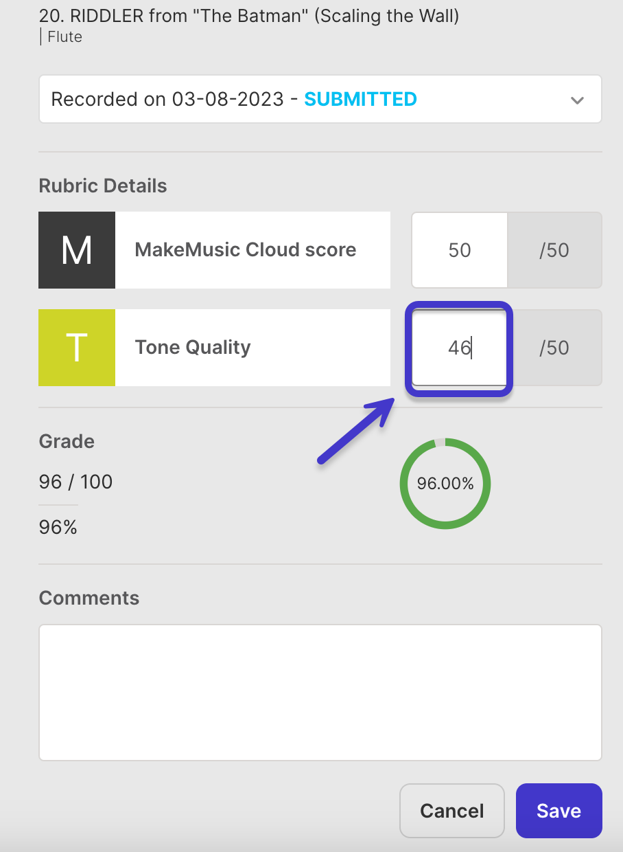 Type rating into Rubric and text into Comments box