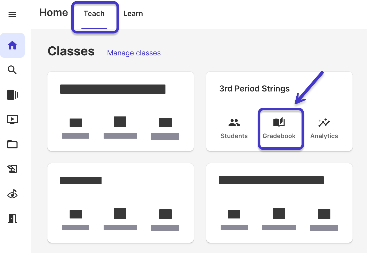 Class card on Teacher home page