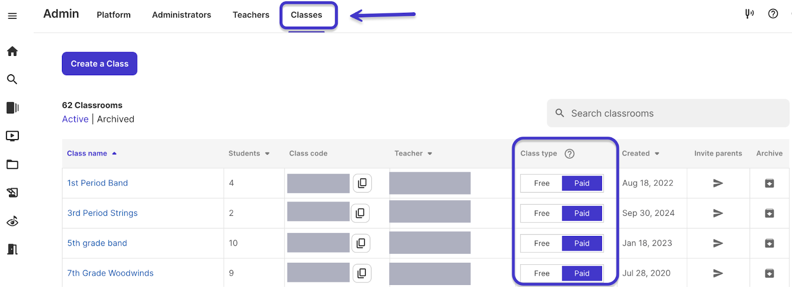 Classes page and Class type column