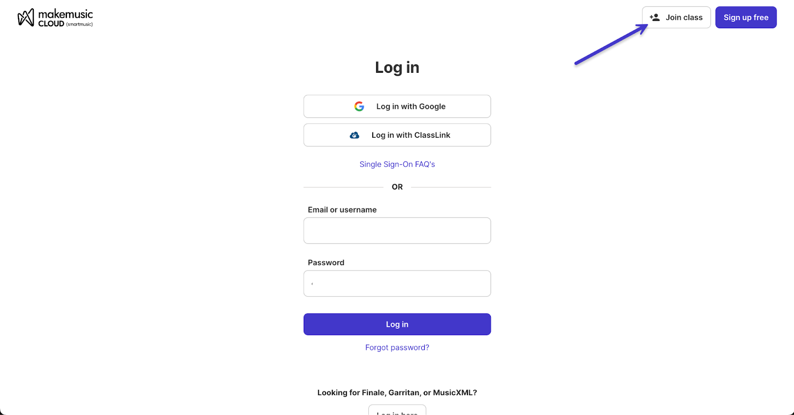 Join class from Log in page