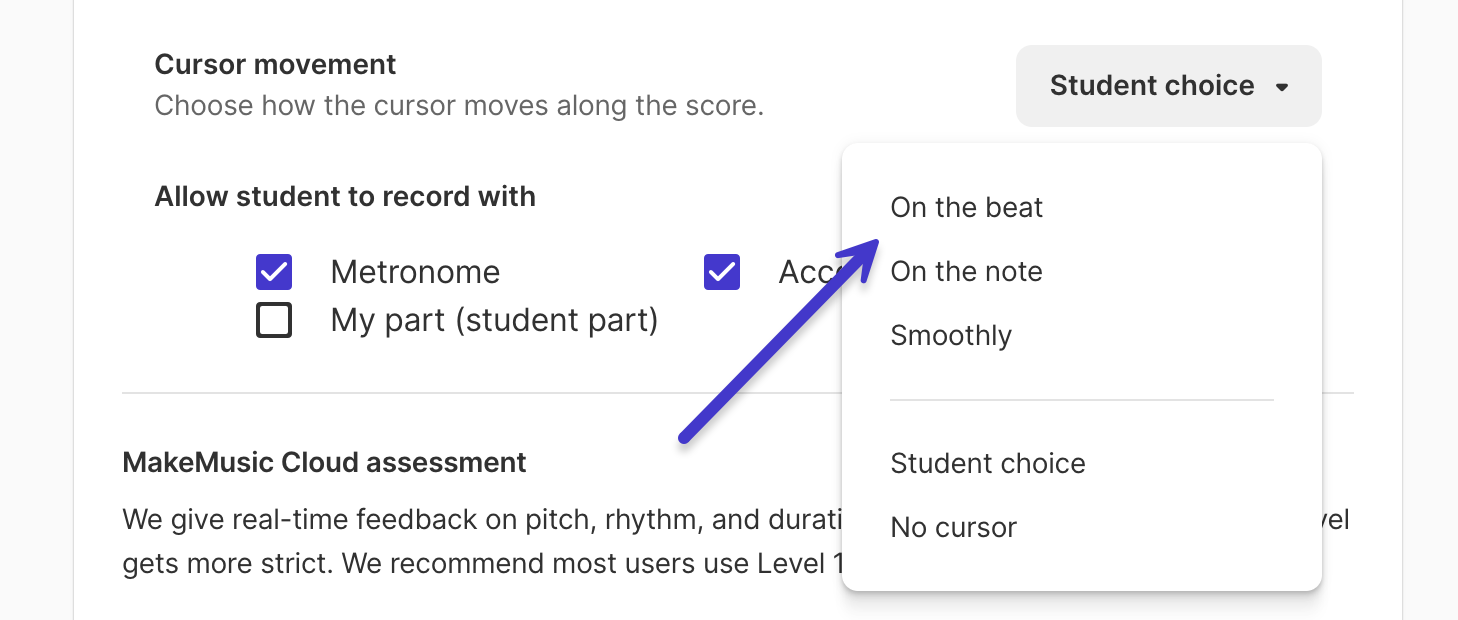 Cursor movement dropdown menu