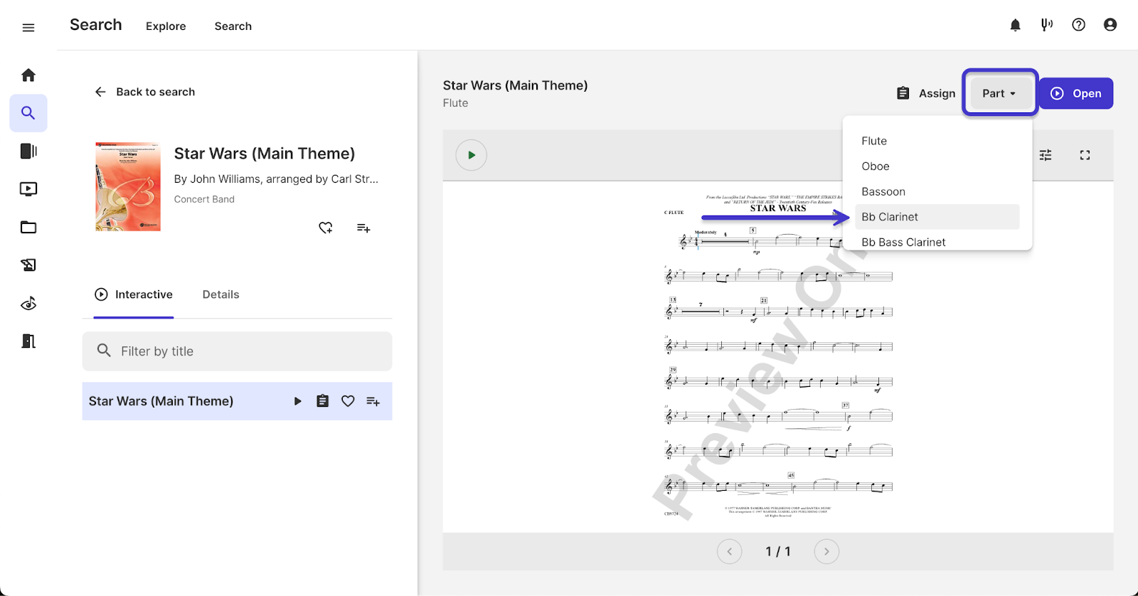 Part selection dropdown menu